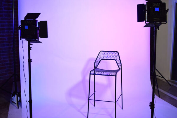 MGS Photoshoots White Seamless Backdrop Setup with Lights and Chair