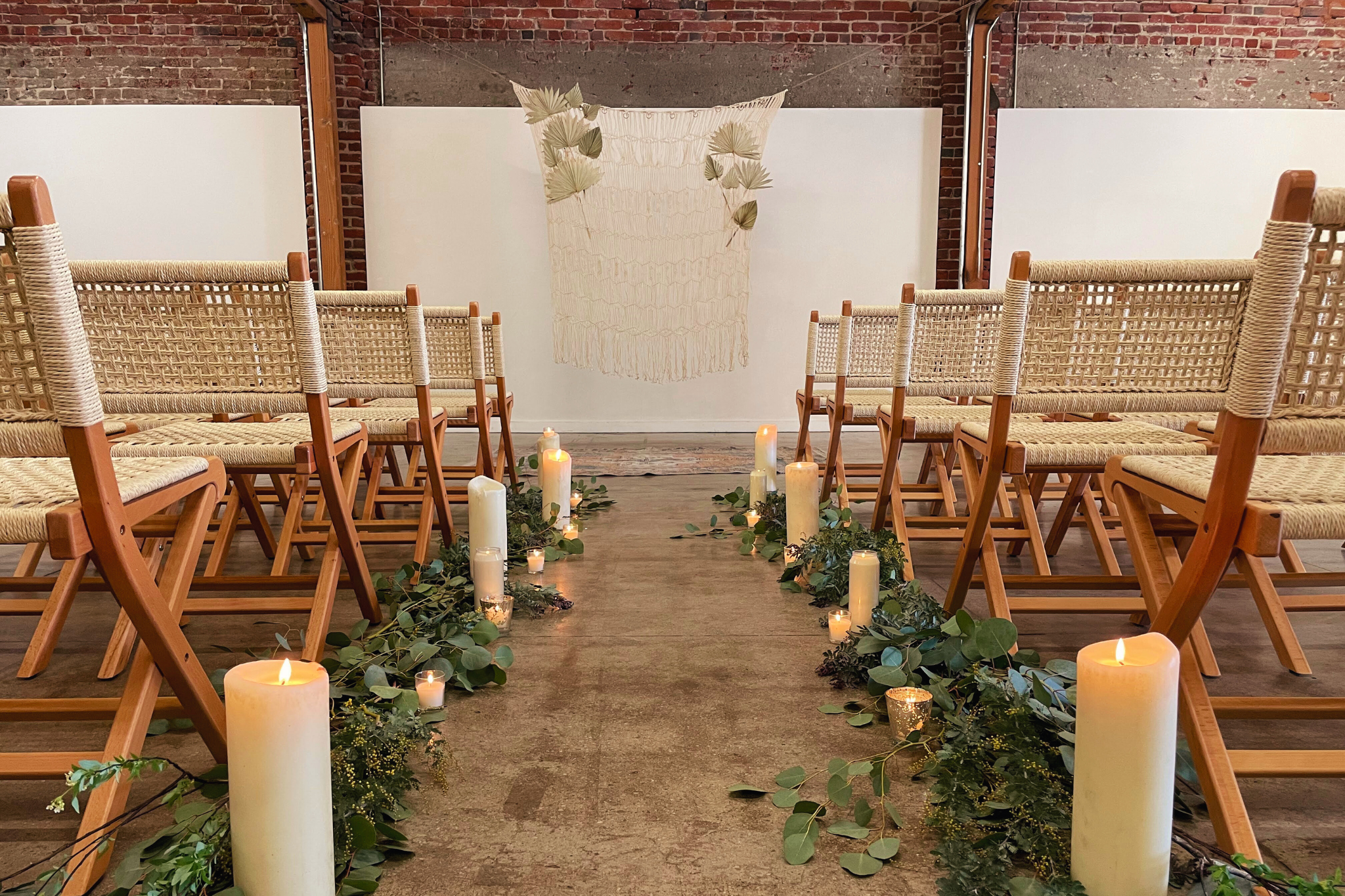 MG Studio Wedding Bohemian Backdrop Aisle - macrame backdrop green aisle candles