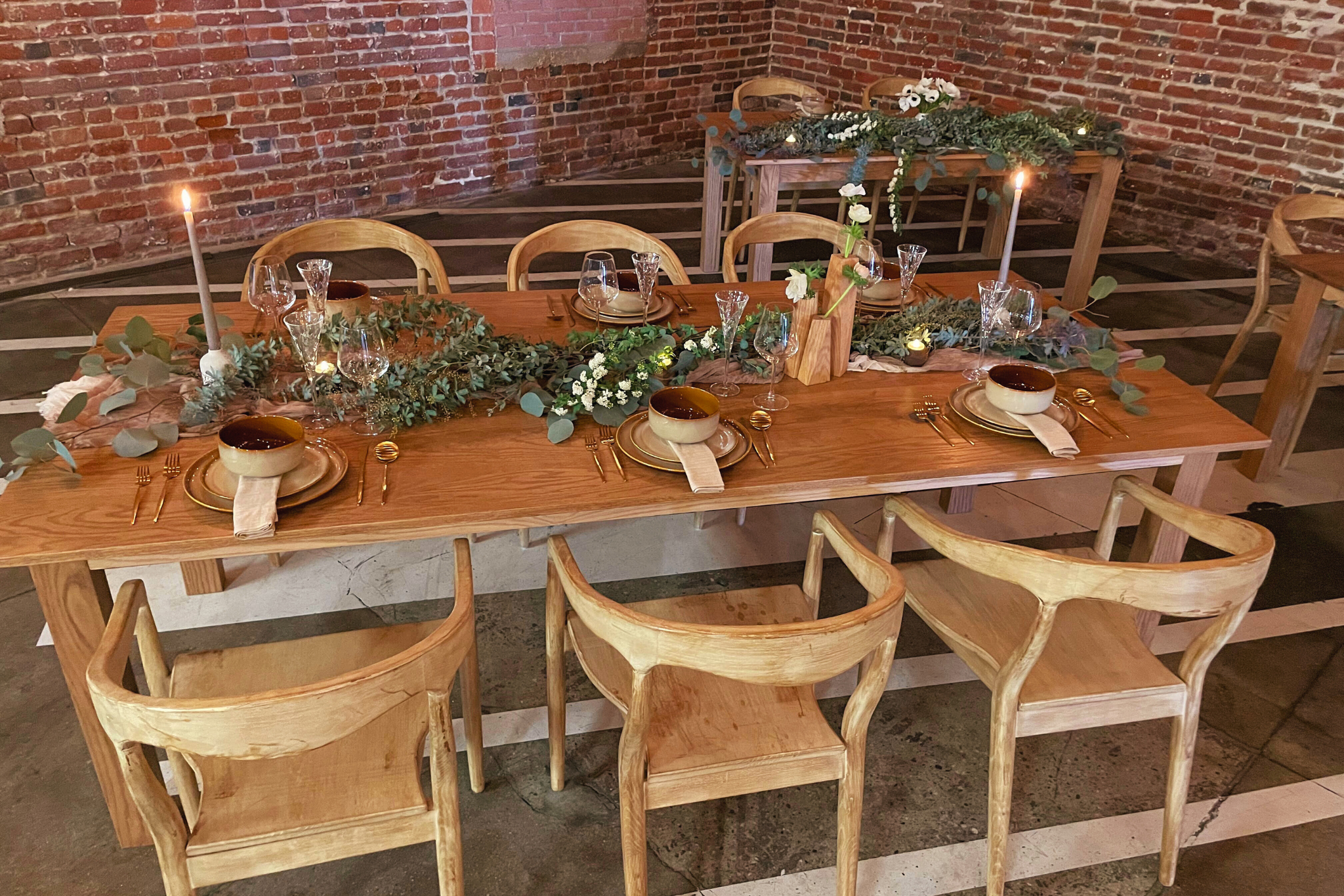 MG Studio Wedding Tablescape - dinner wood table wood armchair